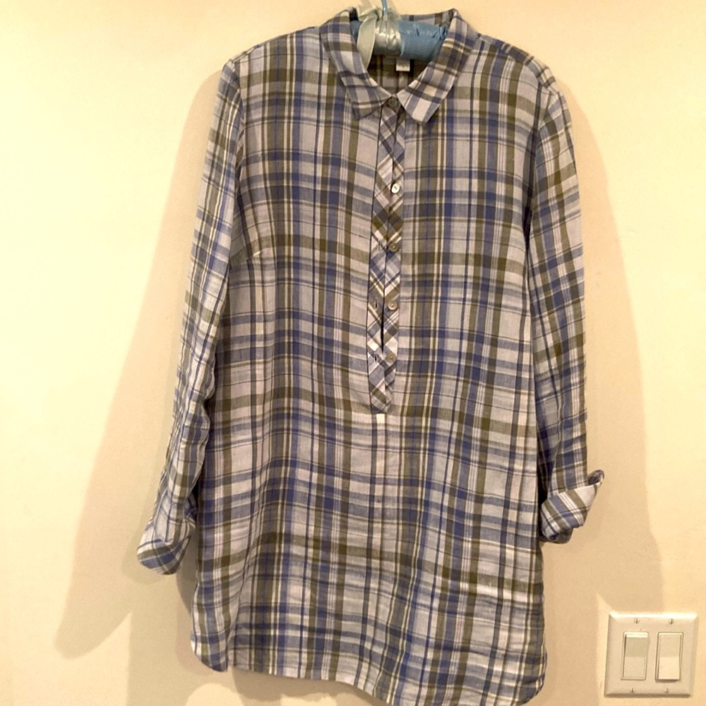 Beautiful blue olive green and white plaid linen shirt